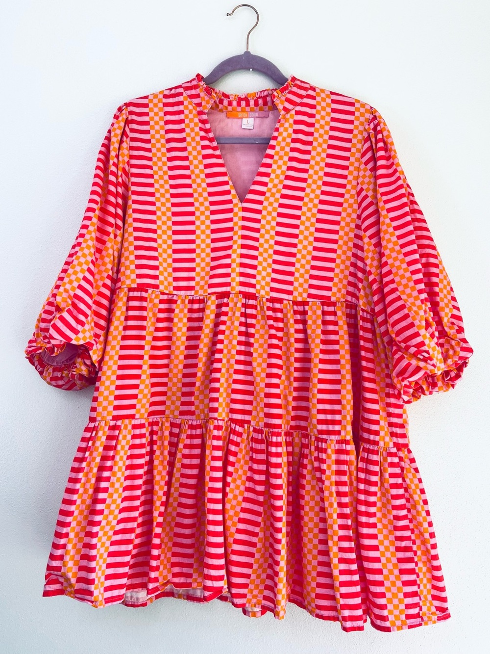 Briton Court Aubrey Bubble Sleeve Tiered Mini Dress Pink Flamingo EUC V Neck LGE